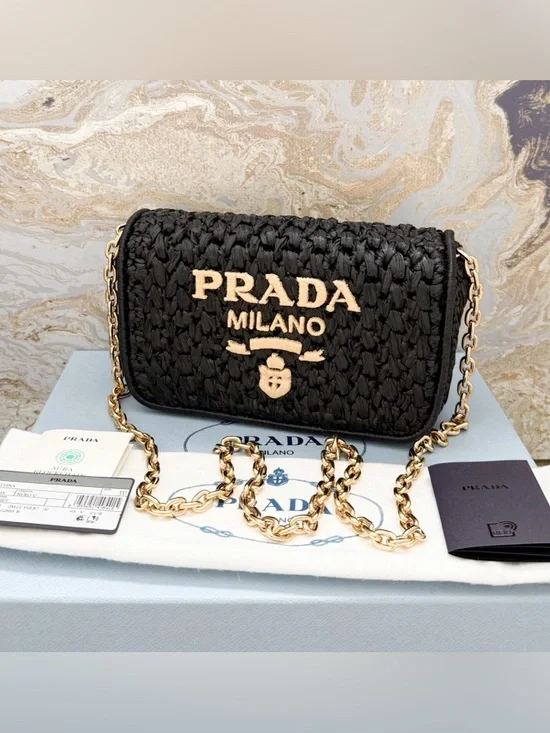 New! Prada Raffia Crochet Black Crossbody Shoulder Bag - Picture 1 of 14